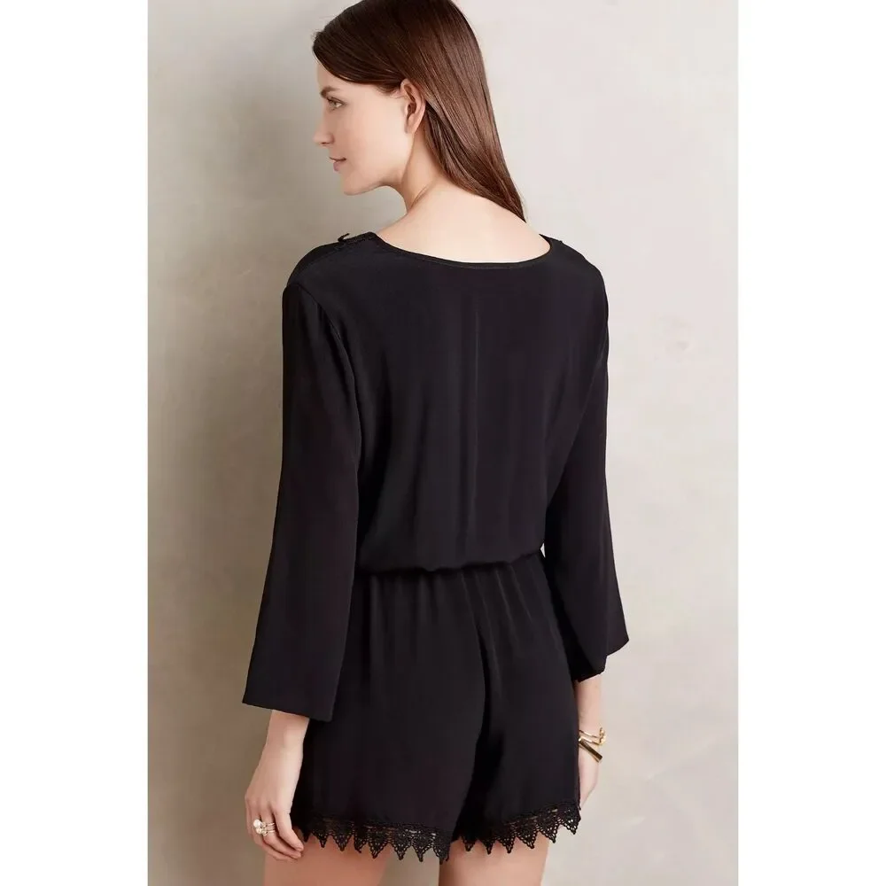 NWT Anthropologie Elevenses Lace-Trimmed Romper 3/4 Sleeves V-Neck in Black Sz M - Picture 3 of 15